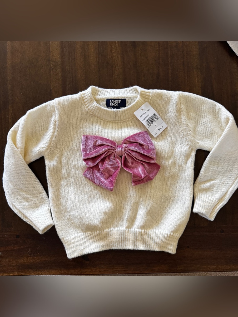 Lands' End Cream Sweater with Pink Velvet Bow - Kids Size 3T